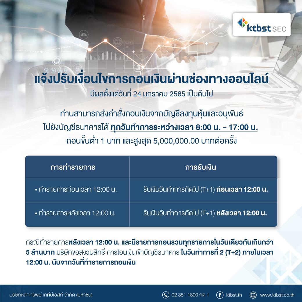 แจ้งปรับเงื่อนไขการถอนเงินผ่านช่องทางออนไลน์ มีผลตั้งแต่วันที่ 24 มกราคม 2565 เป็นต้นไป